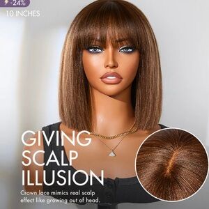 Ash Blonde Highlights Yaki Blunt Cut Bob Wig with Bangs Glueless Short Wig 14 in